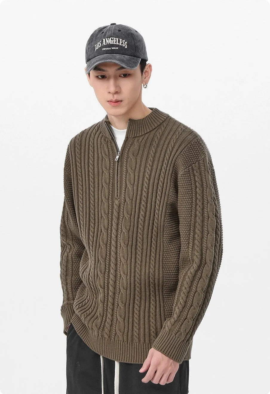 Cable Knit Zip-Up Mock Neck Sweater