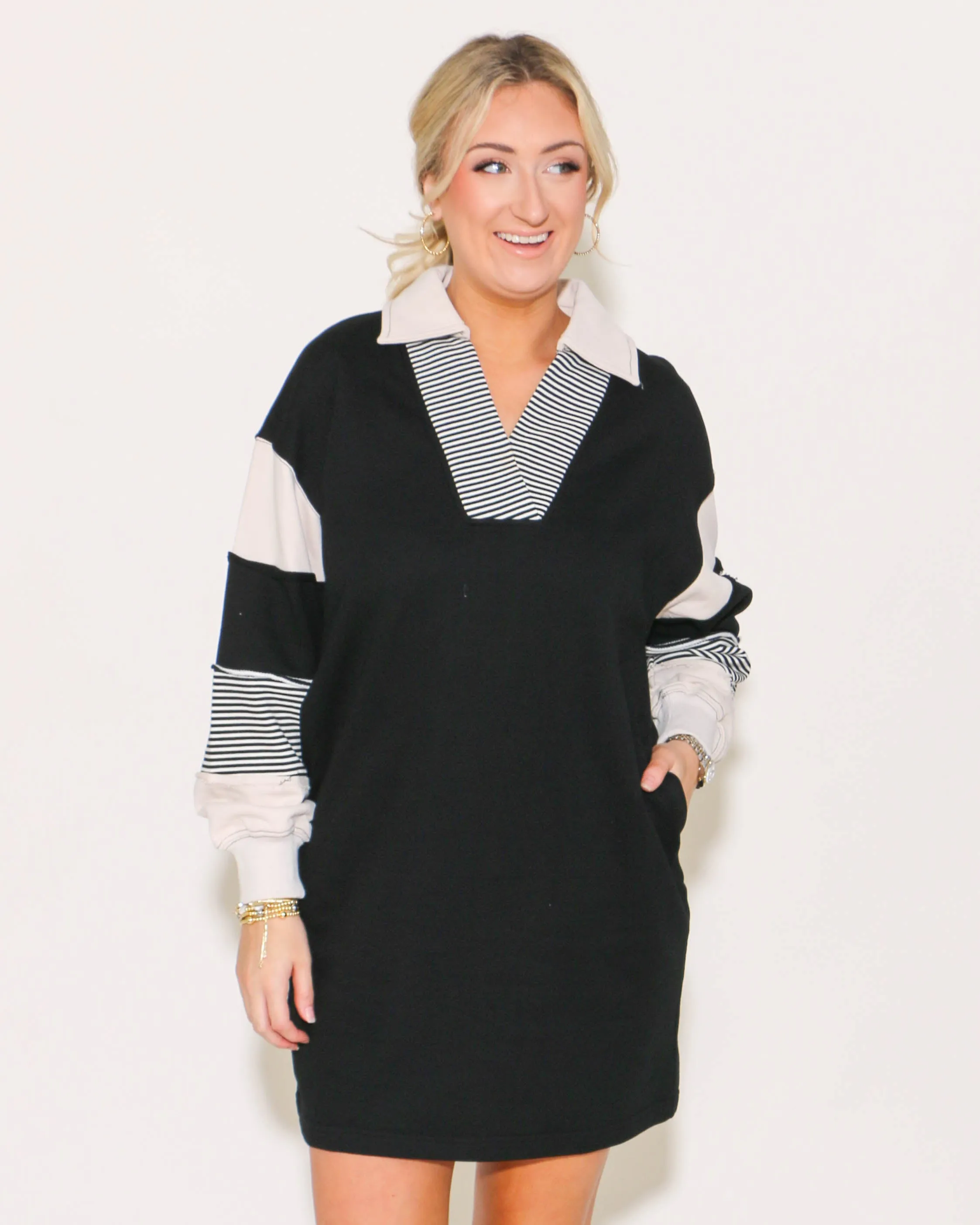 Color Block Sleeve V Neck French Terry Dress in Black