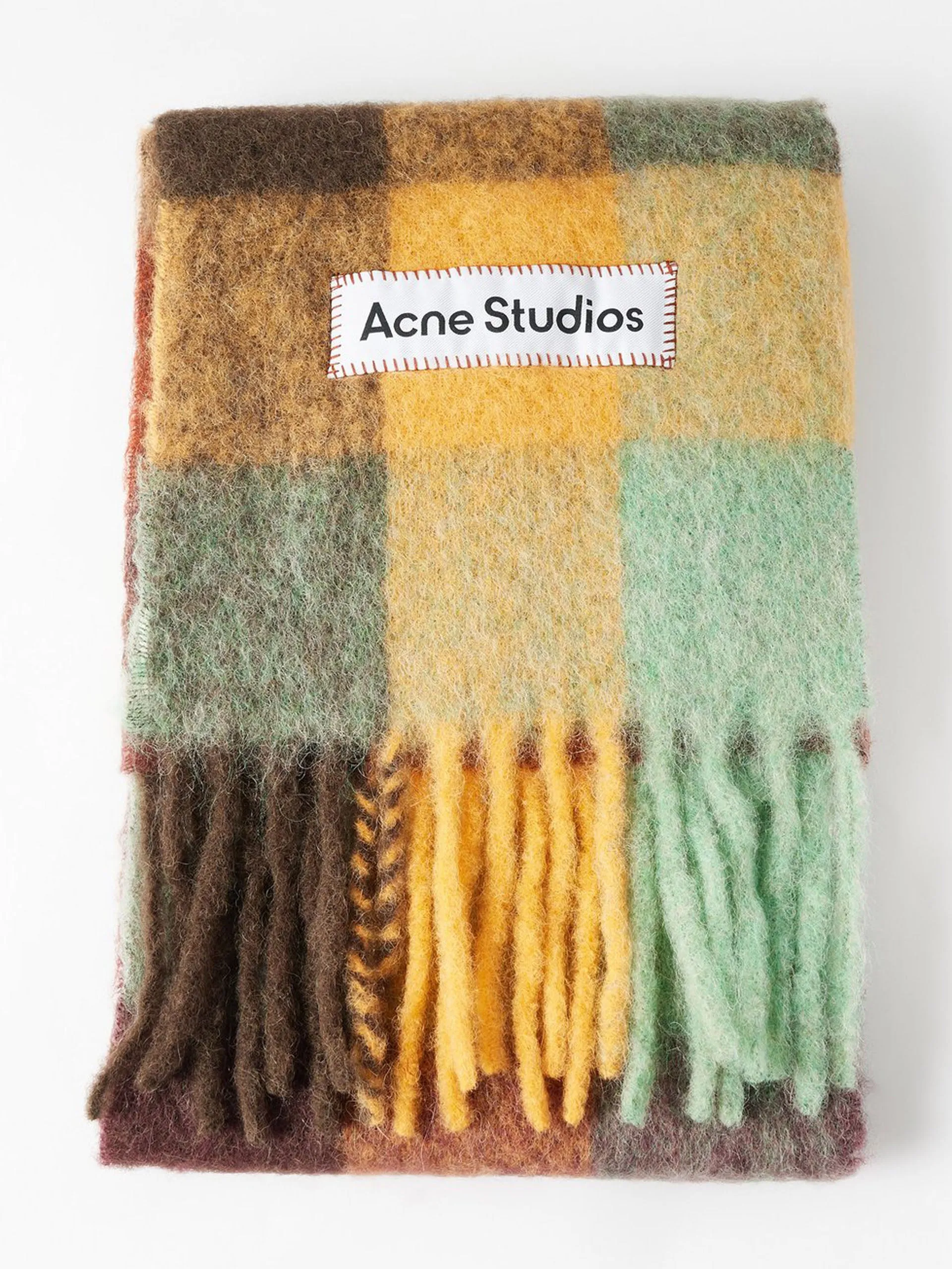 Fringed check-jacquard felted scarf